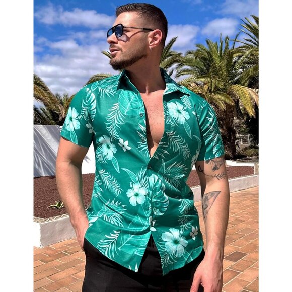 Tropical Green Hawaiian Shirt Men's Floral Print Short Sleeve Summer Beach Wear - Picture 2 of 6